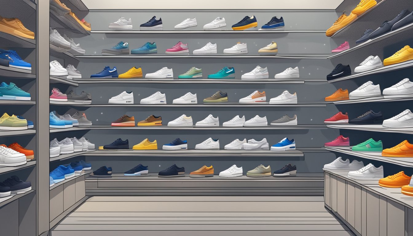 A display of Air Force 1 sneakers in a Singaporean shoe store, with various sizes and colors showcased on shelves and racks