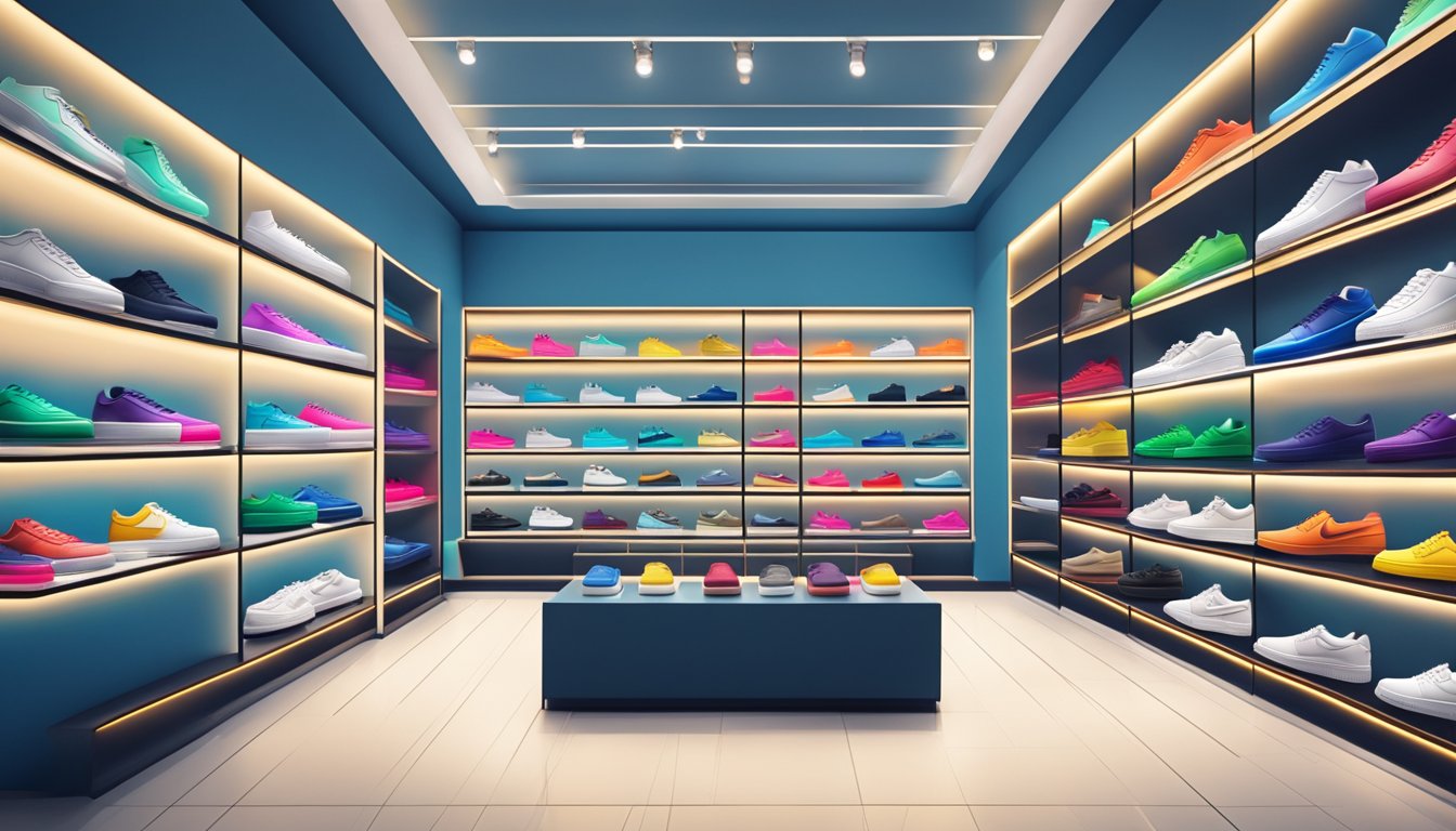 A vibrant display of various Air Force 1 sneakers in a stylish and modern shoe store in Singapore, with sleek shelving and trendy lighting