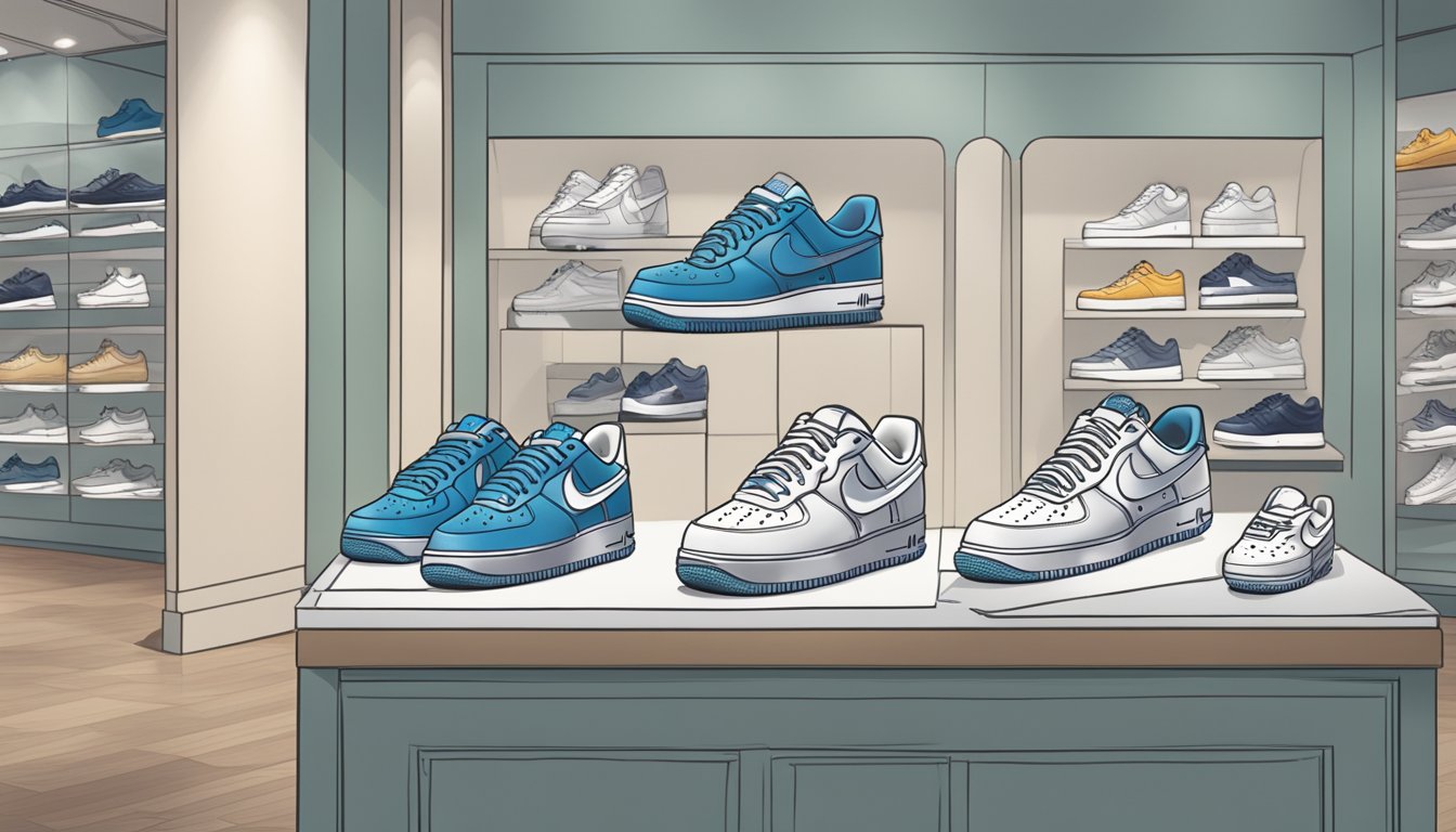 A store display of Air Force 1 sneakers in Singapore, with a prominent "Frequently Asked Questions" sign nearby