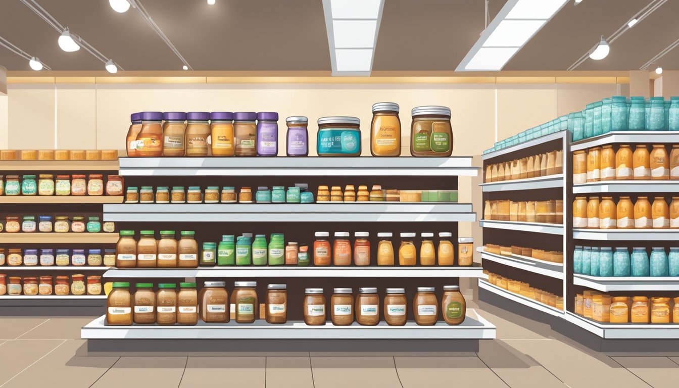 Almond butter jars line shelves in a modern grocery store in Singapore. Bright labels and various sizes cater to different preferences