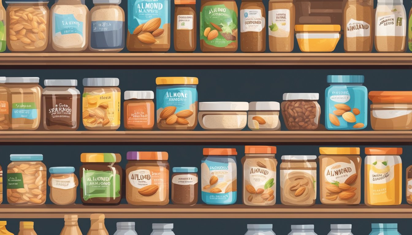 A jar of almond butter sits on a shelf in a bustling Singaporean grocery store, surrounded by colorful labels and exotic foods
