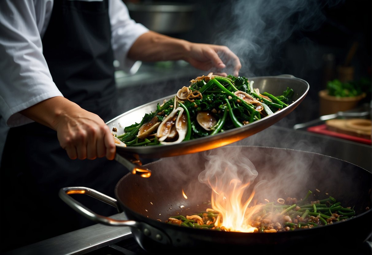 A wok sizzles with garlic and kangkong, as a chef stirs in soy sauce and oyster sauce. Steam rises from the stir-fry, filling the kitchen with fragrant aromas