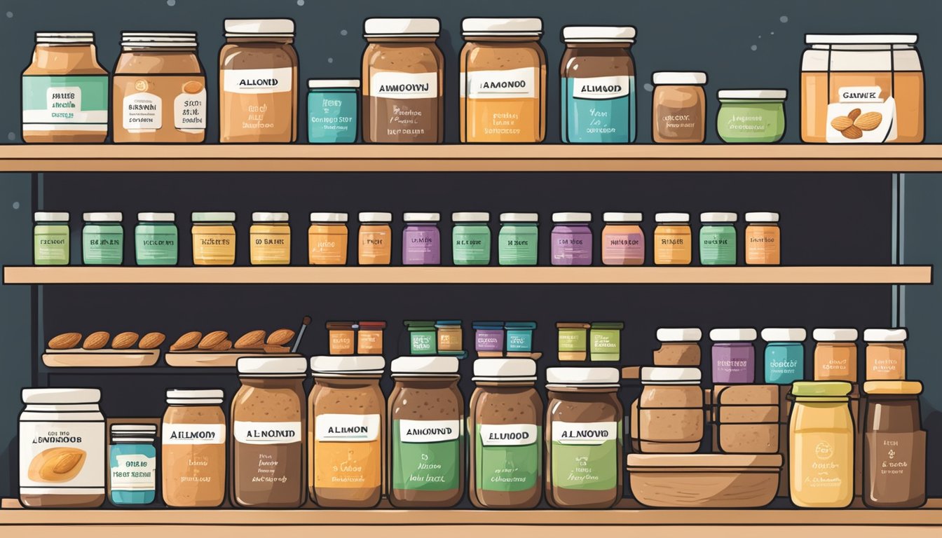Shelves of a grocery store with jars of almond butter labeled "Frequently Asked Questions: where to buy almond butter in Singapore."