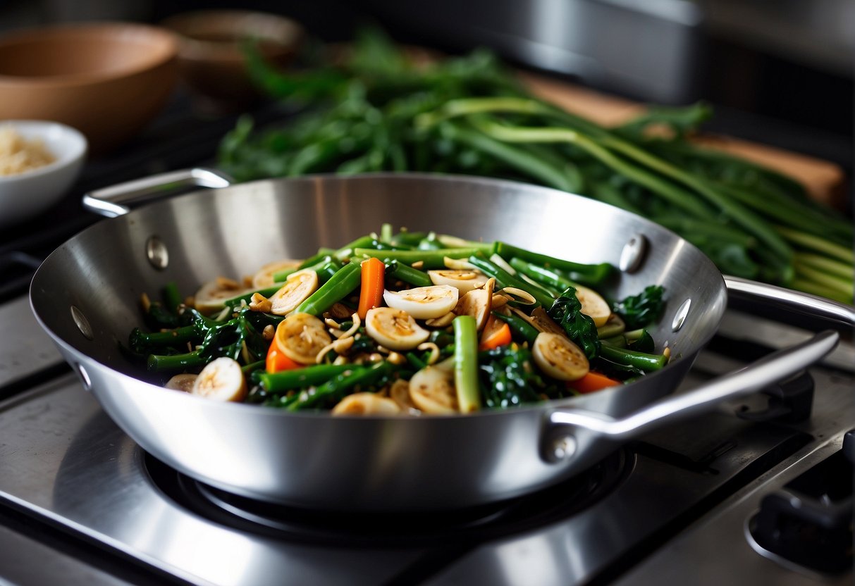 A wok sizzles as Chinese garlic kangkong is stir-fried, steam rising, aromas filling the kitchen. Ingredients surround the cooking area