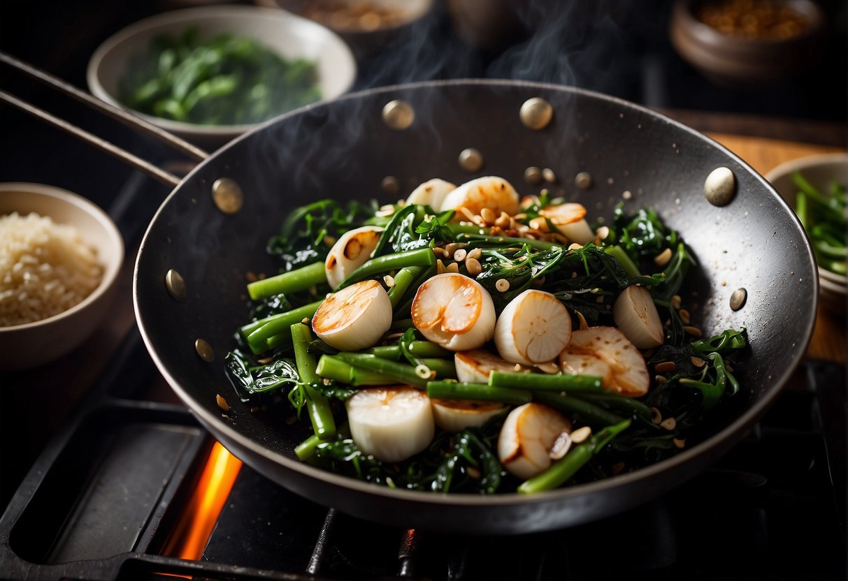 A wok sizzles with garlic and kangkong, as a chef adds essential Chinese ingredients