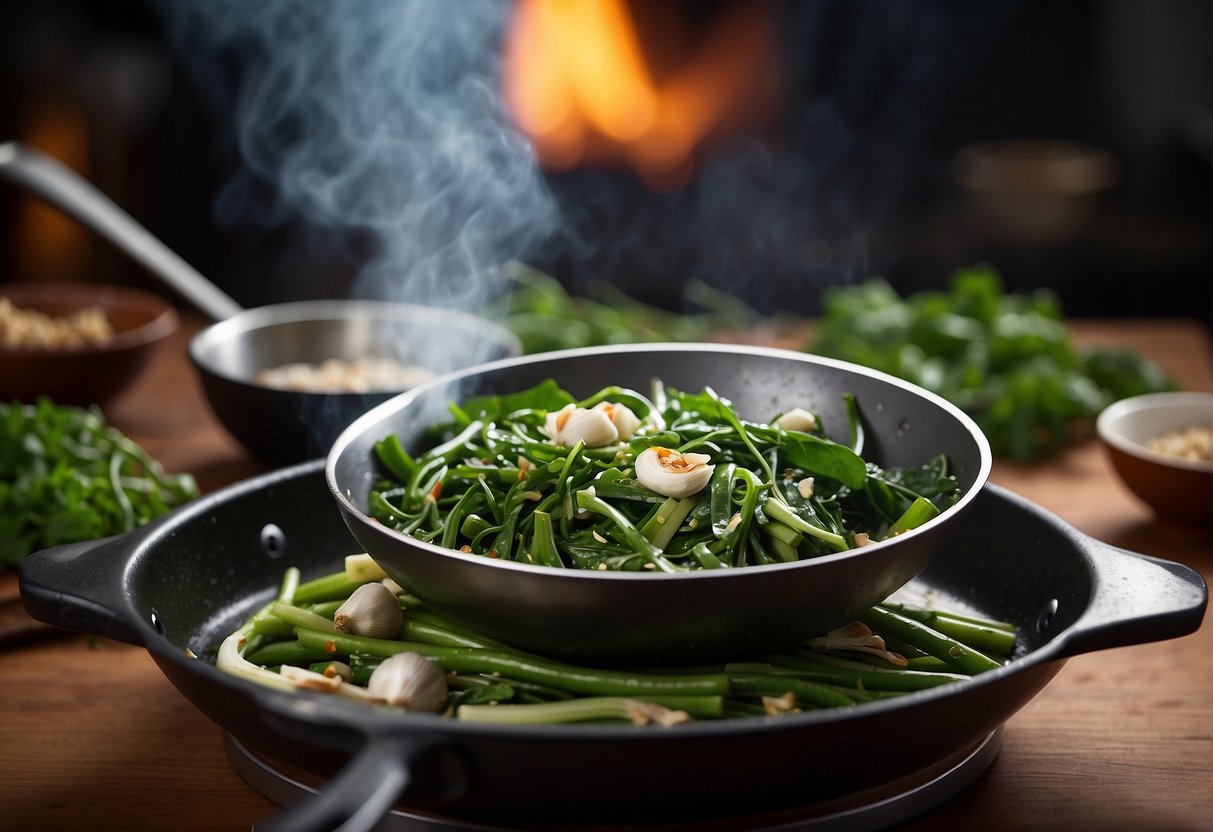 Garlic kangkong stir-fry in wok, sizzling with oil, garlic, and chili. Fresh green kangkong leaves wilt and cook quickly