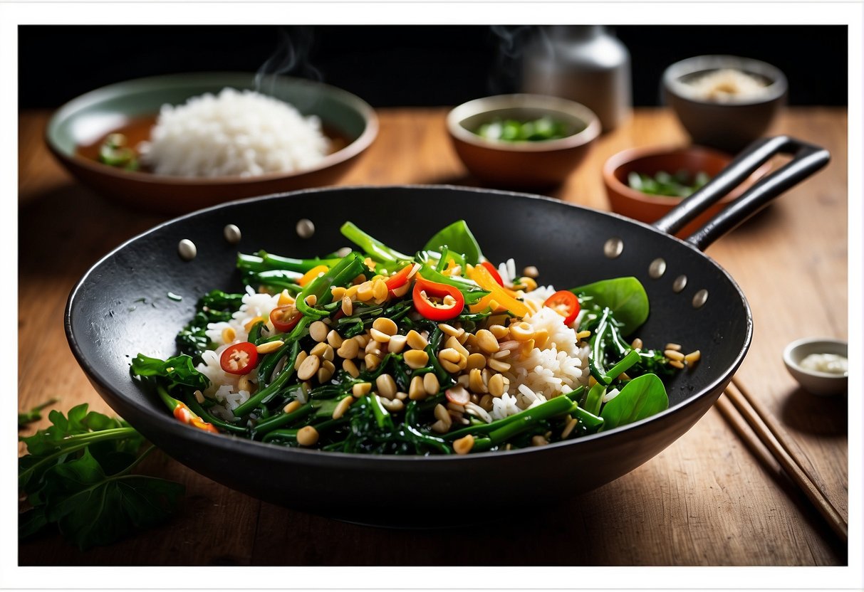 A sizzling wok of stir-fried garlic kangkong, surrounded by bowls of soy sauce, chili, and rice