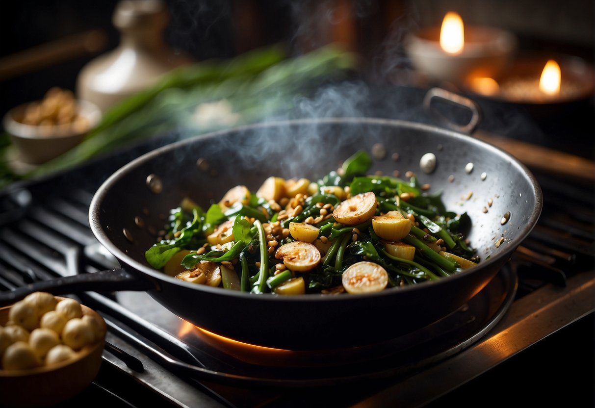 A wok sizzles with garlic and kangkong, a staple in Chinese cuisine, symbolizing cultural significance