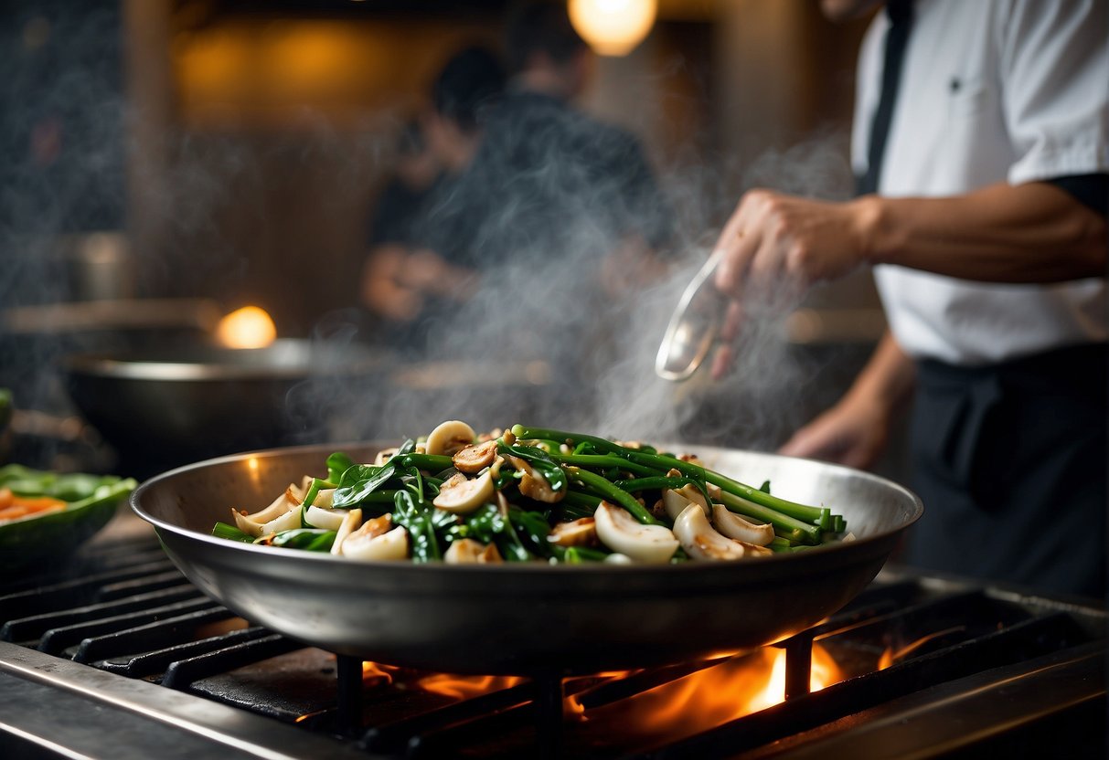 A wok sizzles with garlic and kangkong, as a chef stirs in soy sauce and oyster sauce. Steam rises as the fragrant dish comes together
