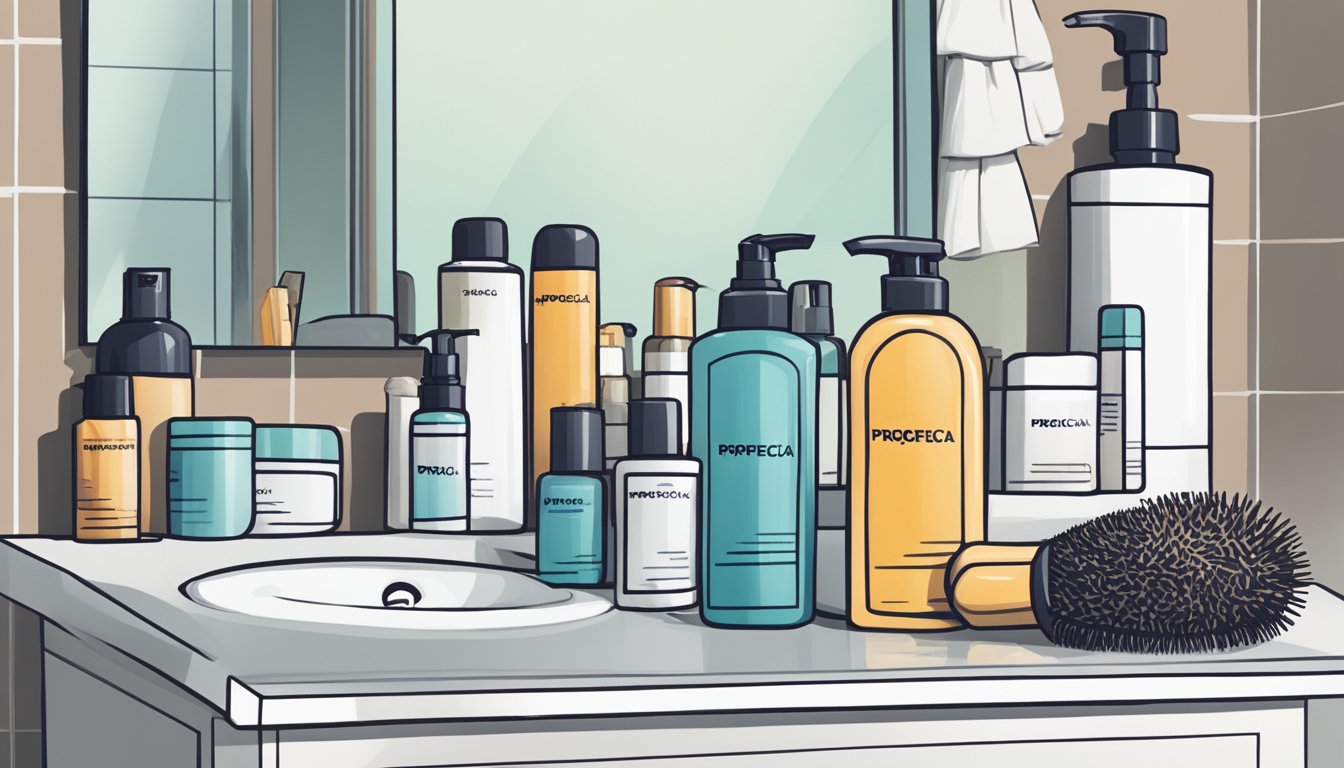 A bottle of Propecia sits on a bathroom counter, surrounded by hair care products. A mirror reflects a worried expression