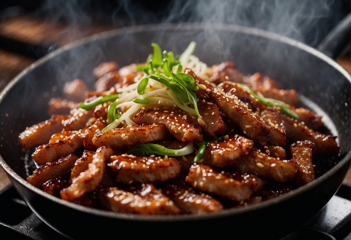 Sizzling pork strips in a wok with minced garlic, soy sauce, and sugar. Aromatic steam rises as the pork caramelizes, creating a mouthwatering dish