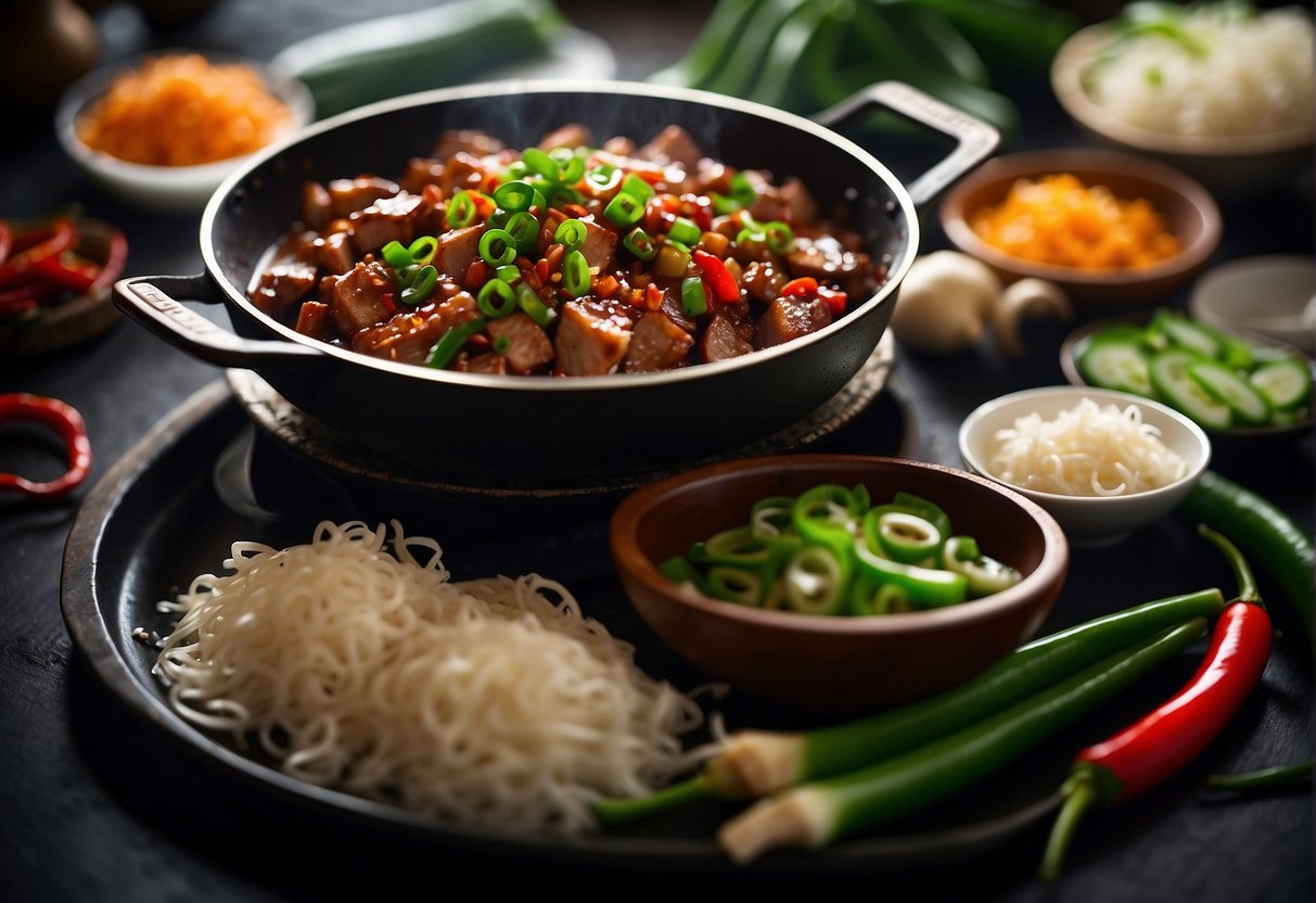 A sizzling wok with diced pork, garlic, and ginger stir-frying in a fragrant sauce, surrounded by sliced green onions and chili peppers