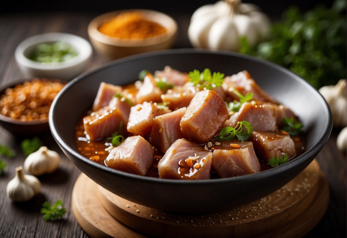 Pork pieces soak in a mixture of garlic, soy sauce, and spices in a bowl
