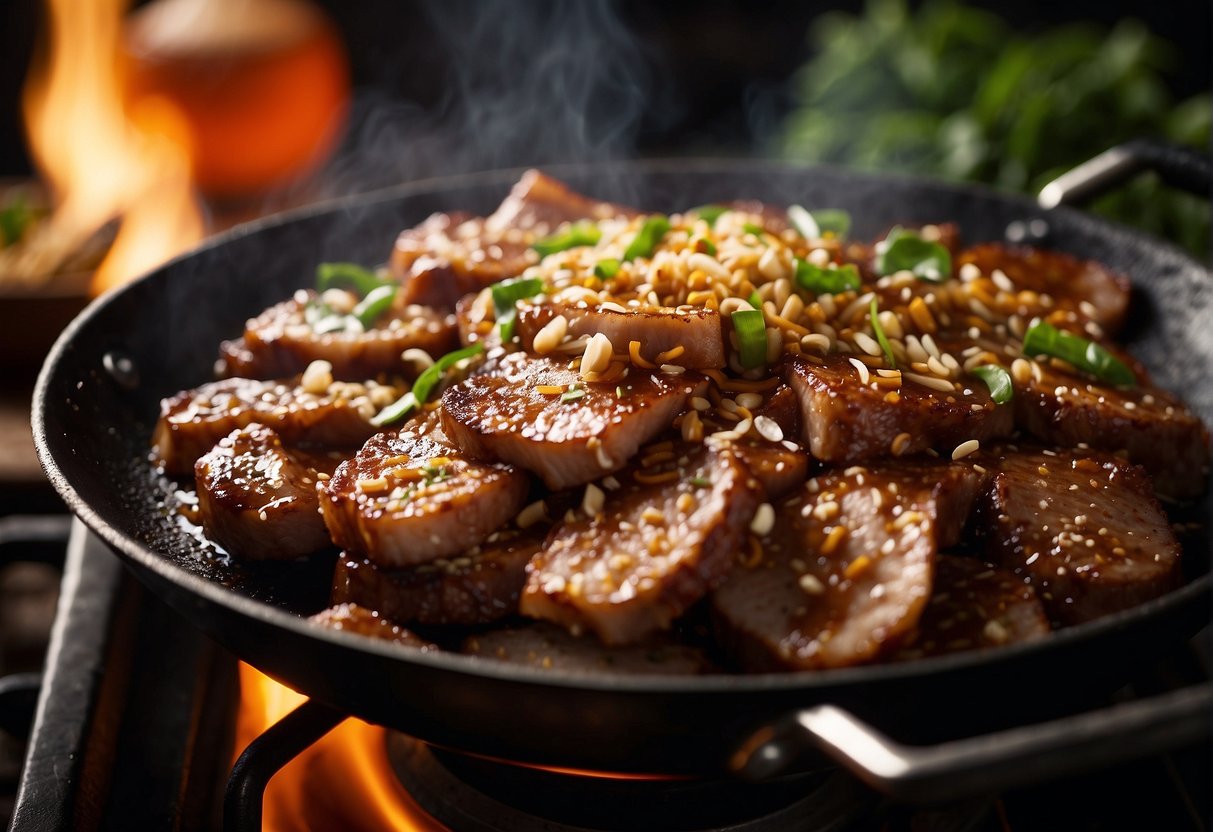 Sizzling pork slices in a hot wok with minced garlic, ginger, and soy sauce, creating a fragrant and mouth-watering aroma