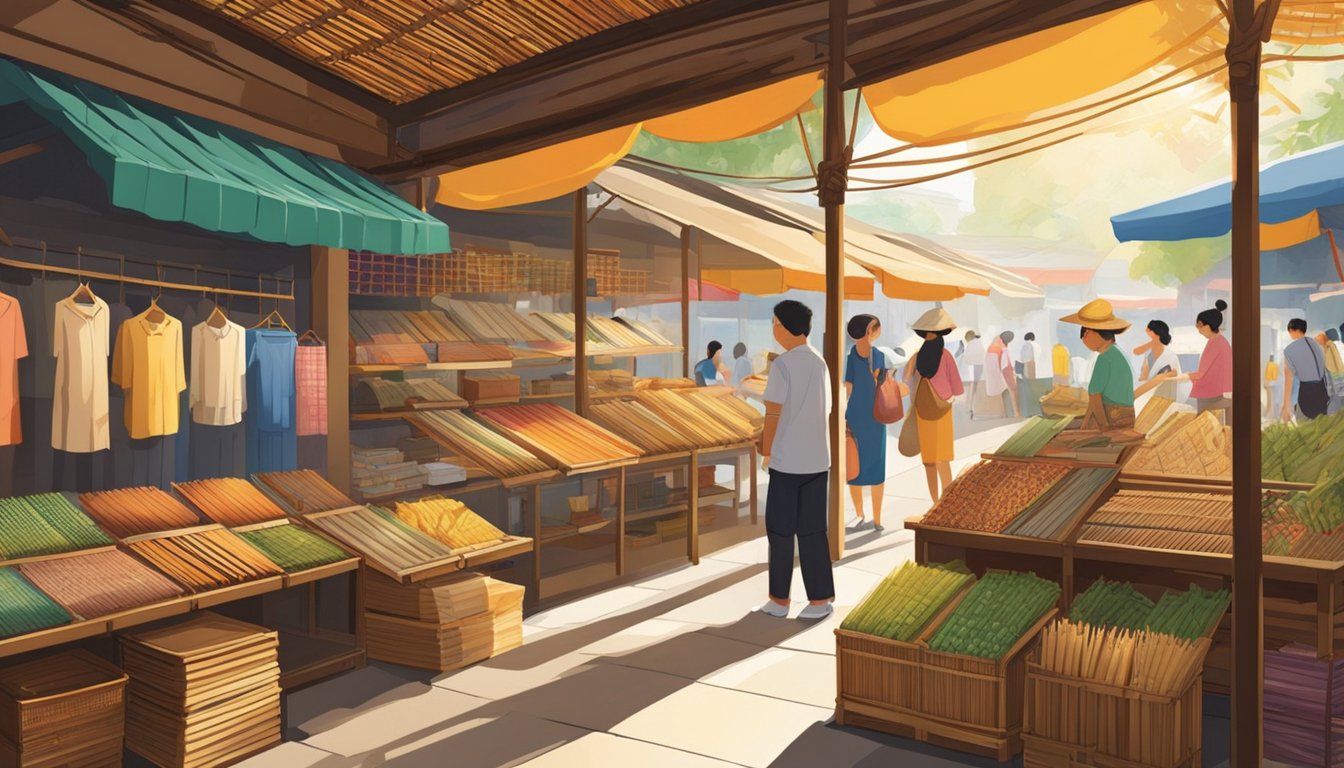 A bustling Singapore market stall displays a variety of bamboo blinds, with vibrant colors and intricate designs. Shoppers browse the selection, while the warm sunlight filters through the delicate bamboo slats