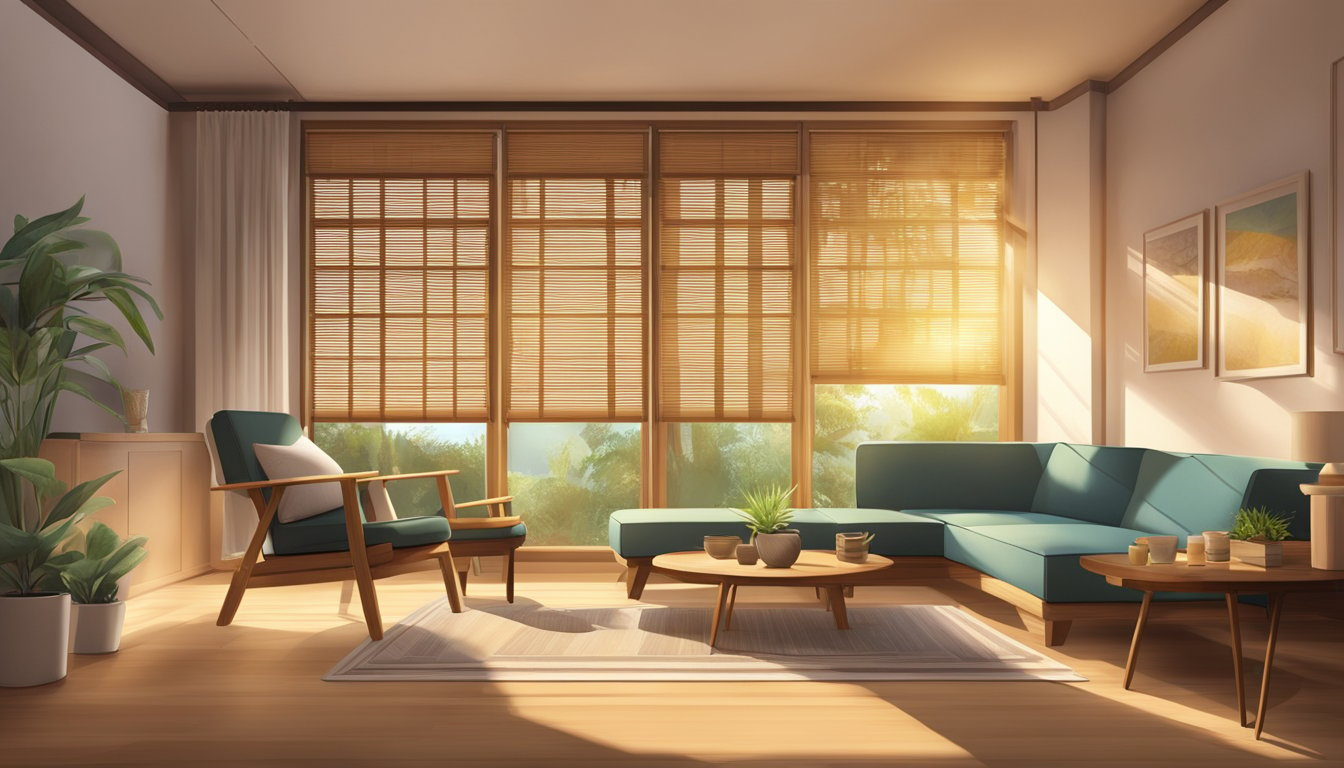 A cozy living room with sunlight streaming in through bamboo blinds, creating a warm and inviting atmosphere. A shelf nearby displays a variety of bamboo blinds available for purchase