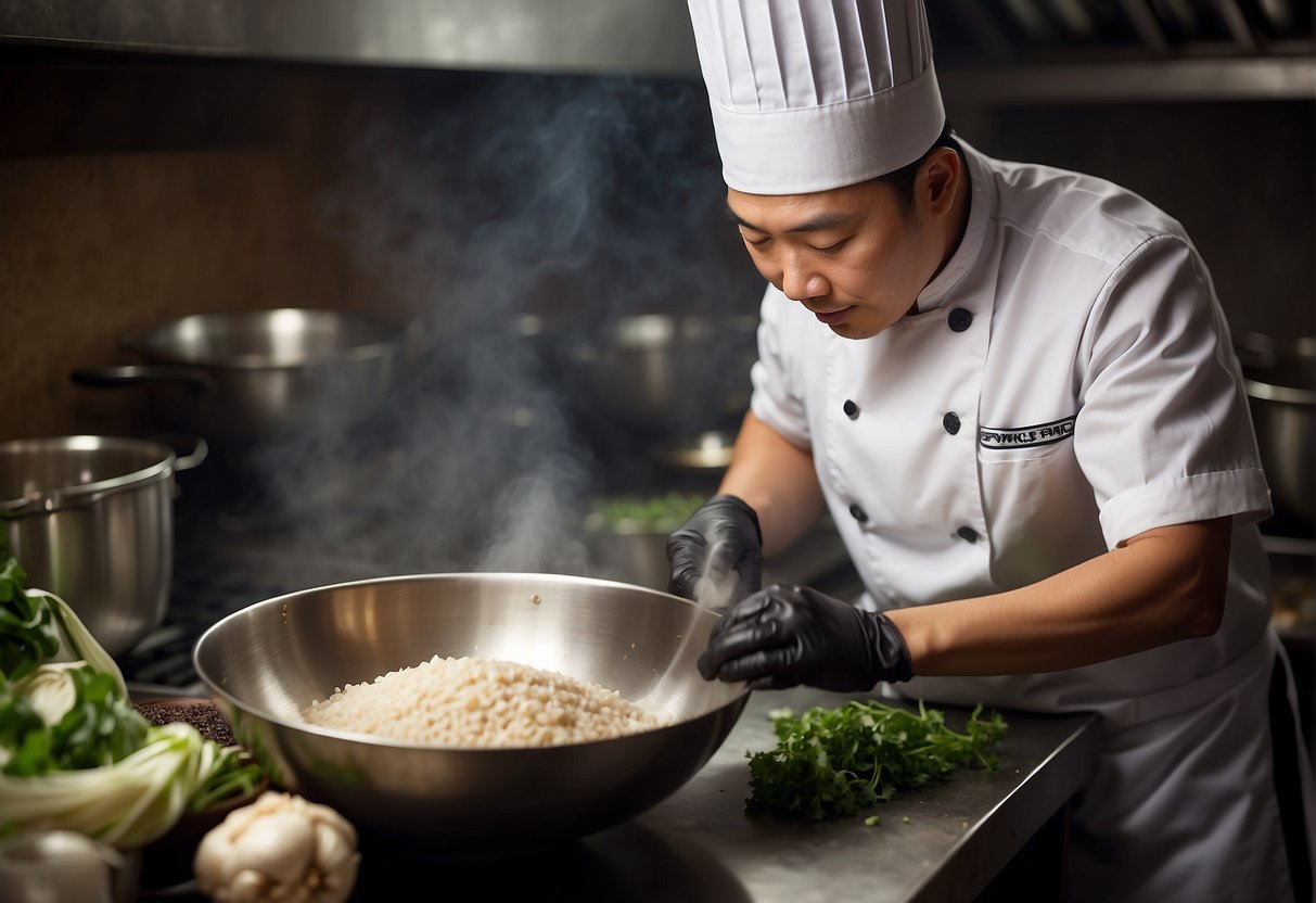 A chef mixes minced garlic, soy sauce, and sugar in a bowl, creating a fragrant garlic sauce for Chinese pork
