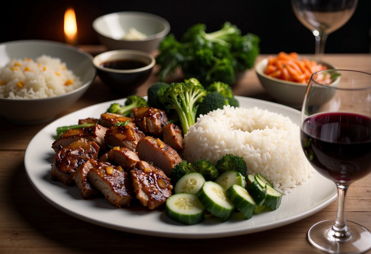 A platter of Chinese garlic pork with steamed rice and stir-fried vegetables, accompanied by a bottle of red wine and two wine glasses
