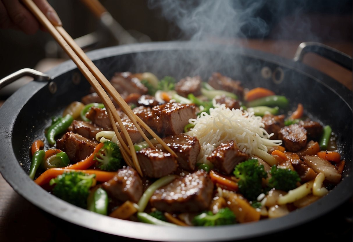 A sizzling wok tosses garlic and pork in a fragrant stir-fry. Steam rises as the chef adds soy sauce and sugar, creating a glossy glaze