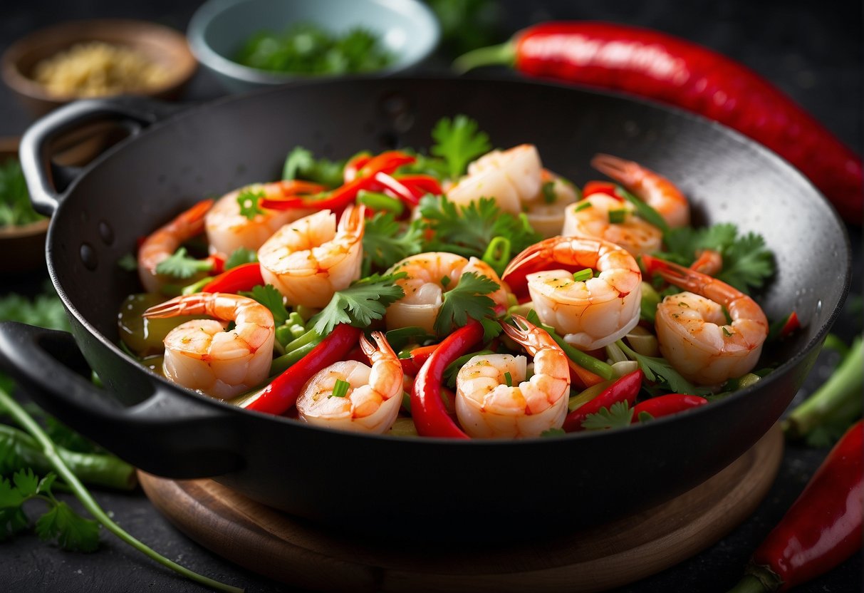 A sizzling wok with garlic prawns, ginger, and scallions, surrounded by vibrant red chili peppers and fresh green cilantro