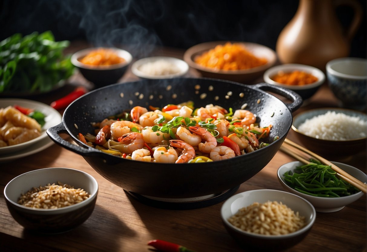 A sizzling wok with garlic, ginger, and prawns. Bowls of soy sauce, rice wine, and chili flakes nearby. Ingredients and substitutions list on the counter