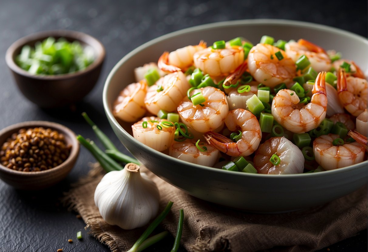 Garlic cloves minced, prawns deveined, soy sauce mixed, wok heated, oil added, prawns cooked, garlic added, stir-fried, garnished with green onions