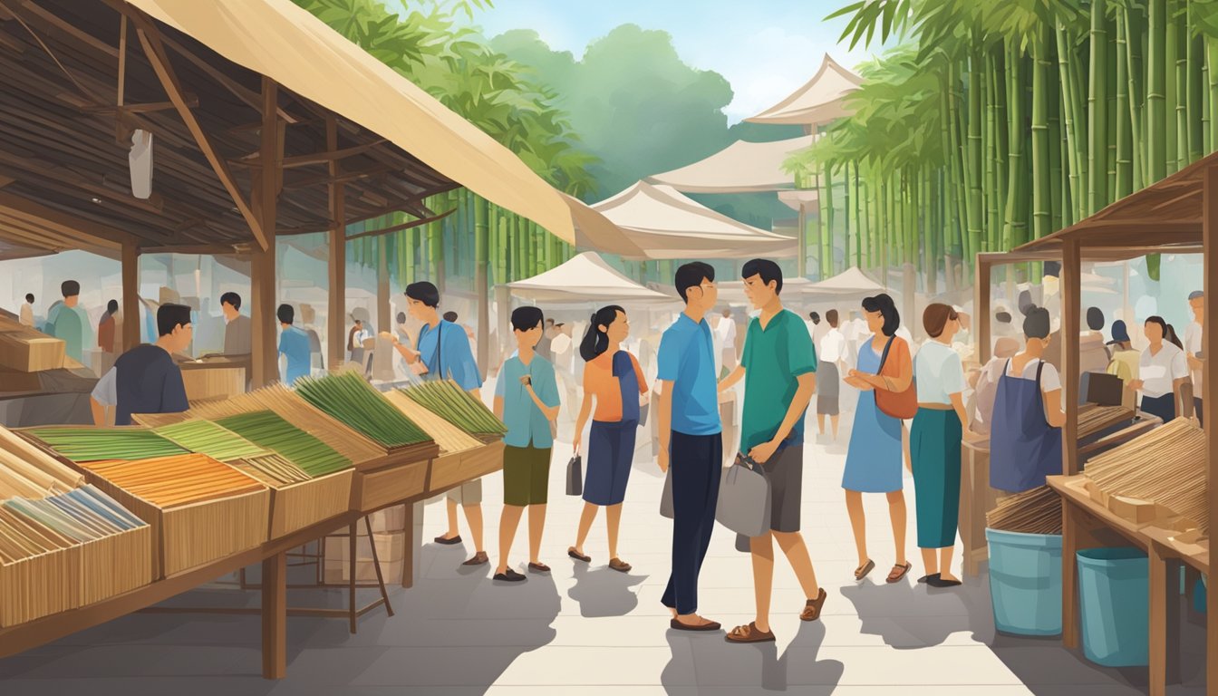A bustling Singapore market stall sells various bamboo blinds, with customers browsing and asking questions