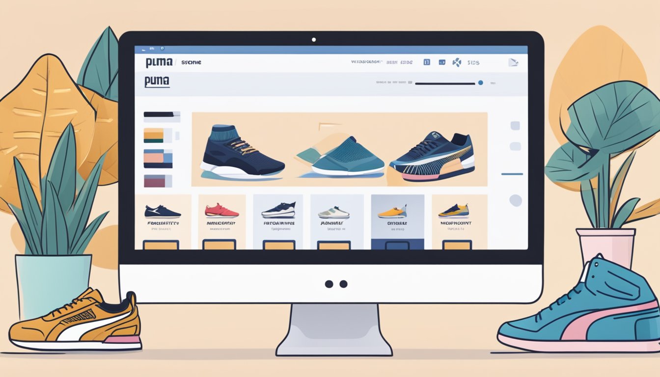 A computer screen displaying a website with the title "Frequently Asked Questions buy puma shoes online", surrounded by various shoe images and a search bar