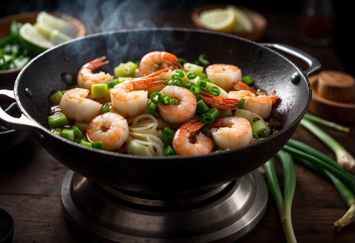 Garlic prawns sizzling in a wok, surrounded by chopped garlic, ginger, and green onions. Steam rising, and a hint of soy sauce in the air