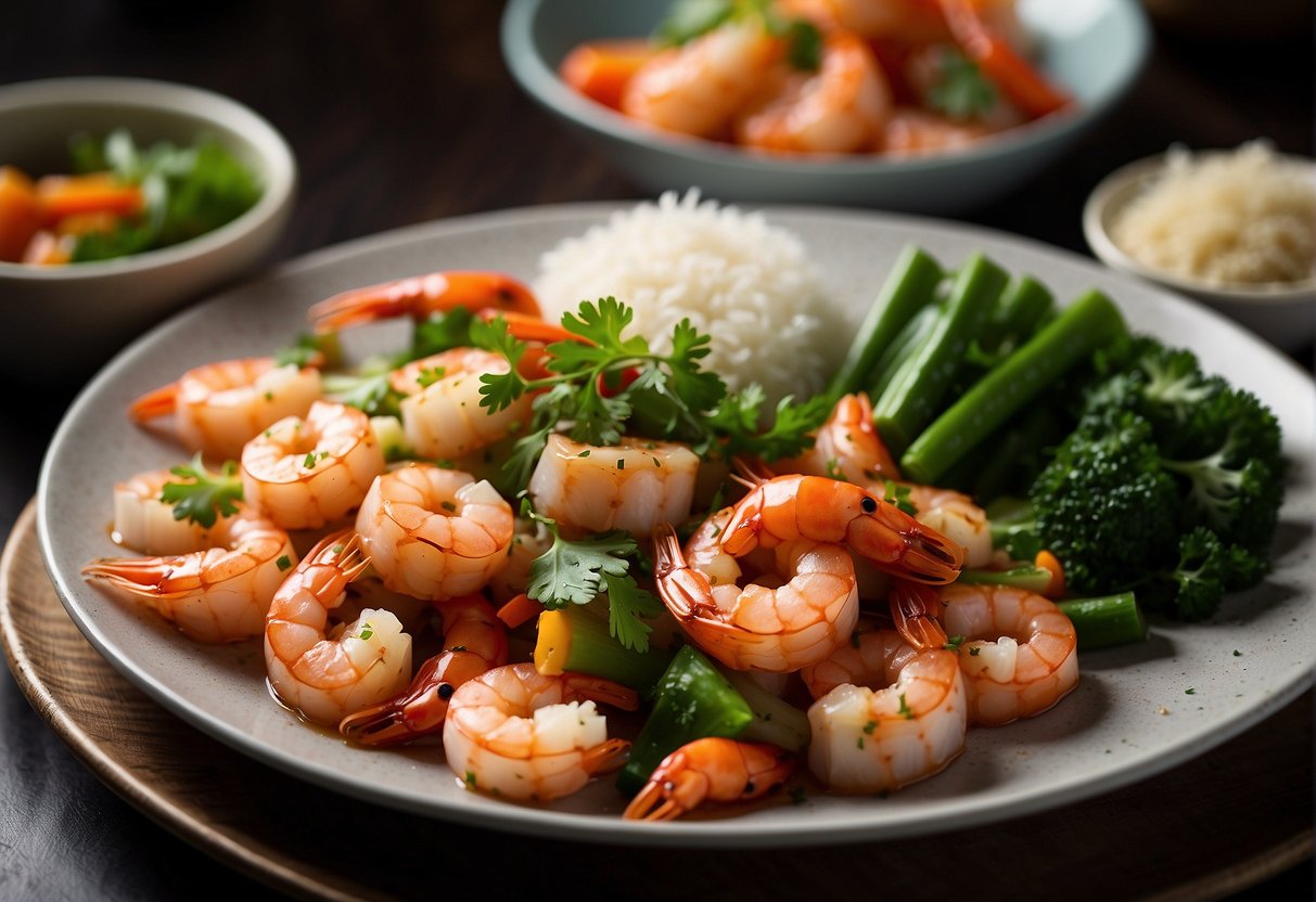 A plate of sizzling Chinese garlic prawns surrounded by steamed vegetables and garnished with fresh cilantro