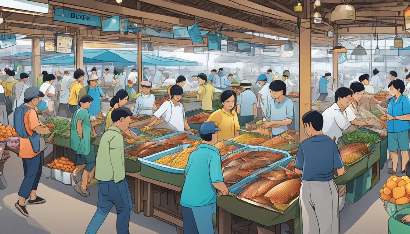 A bustling fish market in Singapore, showcasing fresh barramundi on ice, with vibrant signage and busy vendors