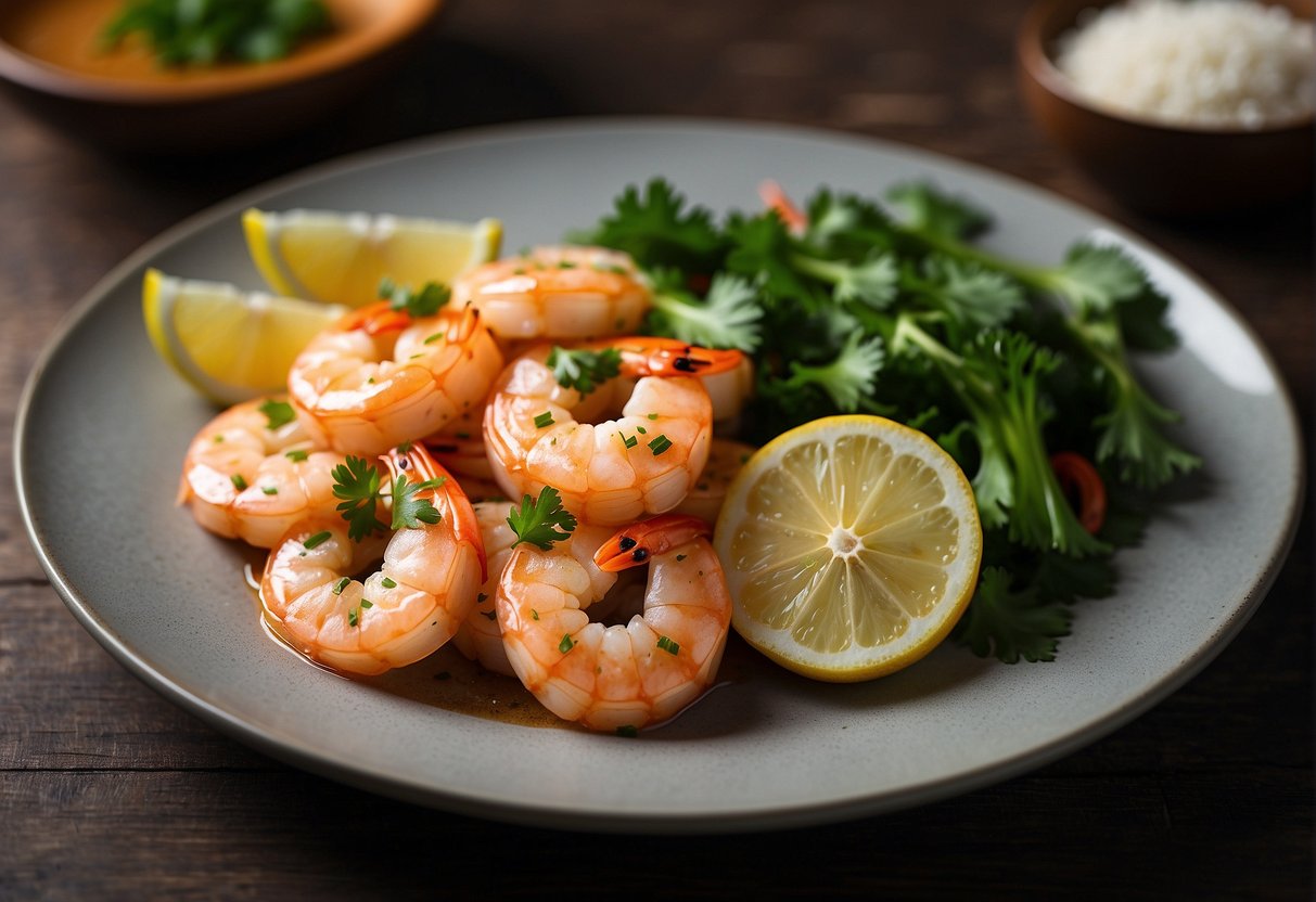 A plate of sizzling Chinese garlic prawns with a side of steamed vegetables, garnished with fresh cilantro and a wedge of lemon