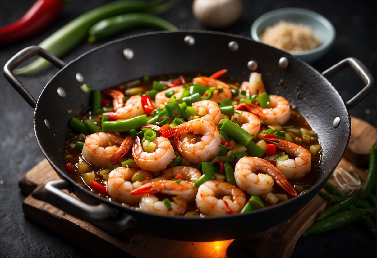 A sizzling wok filled with plump, juicy prawns coated in a fragrant garlic sauce, surrounded by vibrant green scallions and red chili peppers