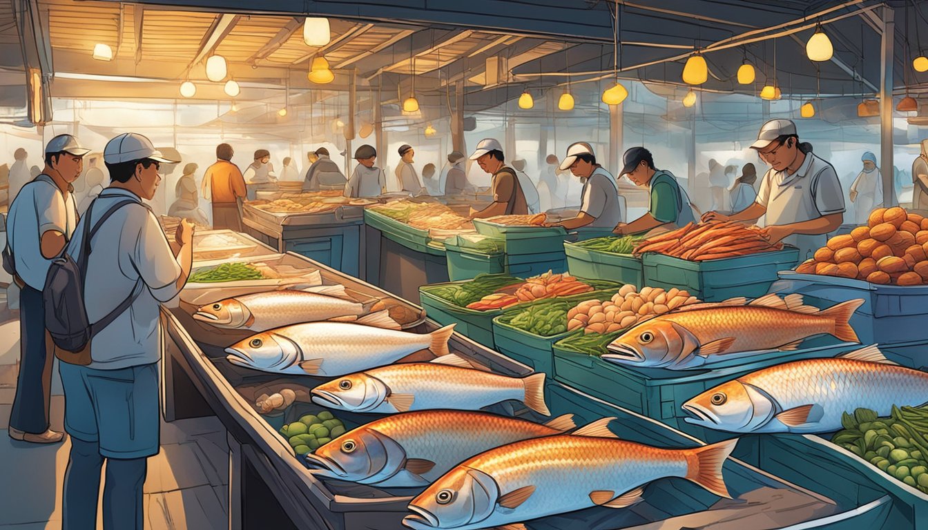 A bustling fish market in Singapore showcases an array of fresh barramundi, glistening under the bright lights, with vendors eagerly displaying their prized catches