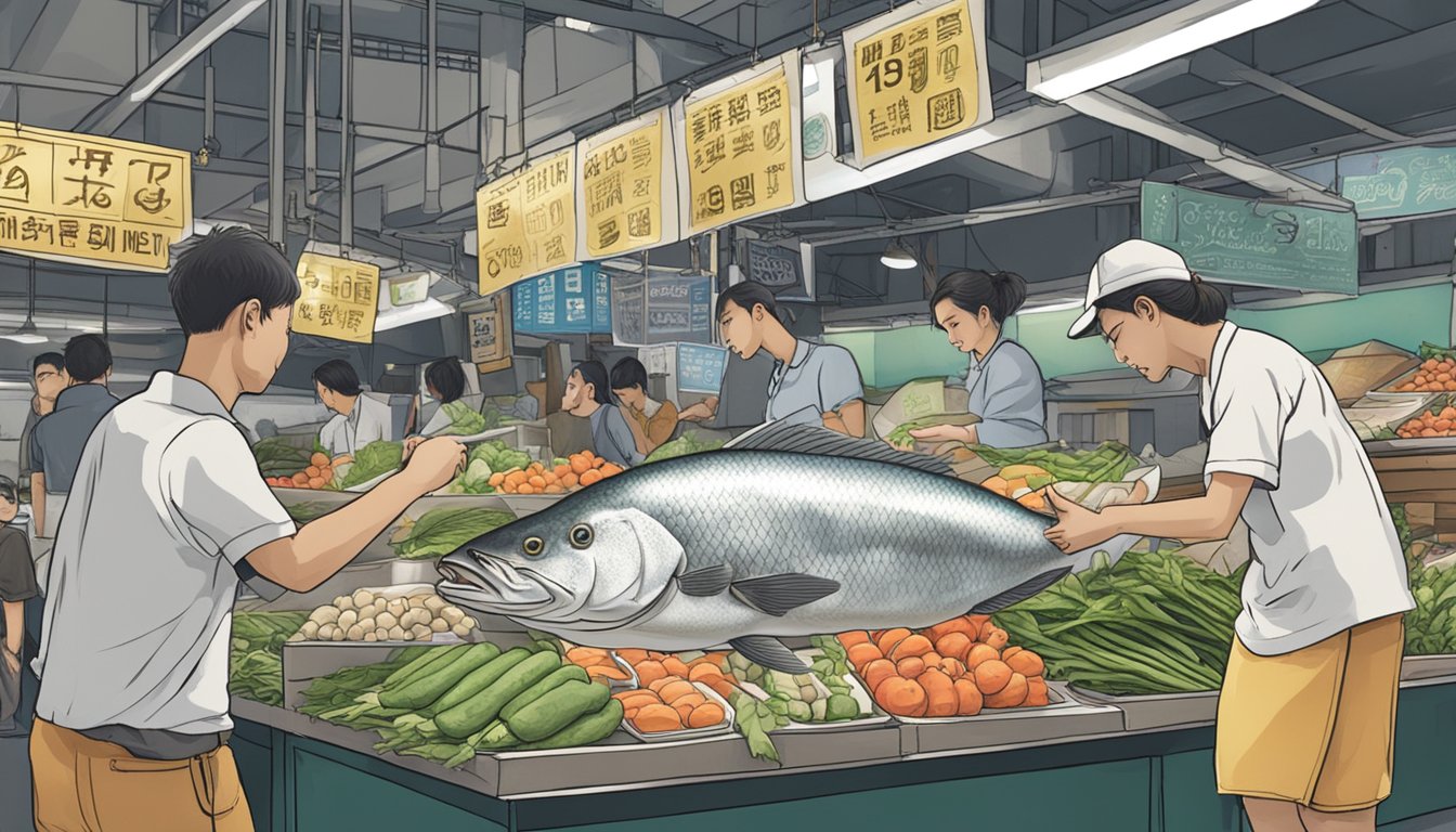 A bustling Singapore market stall displays fresh barramundi with a sign reading "Frequently Asked Questions: Where to buy barramundi in Singapore."
