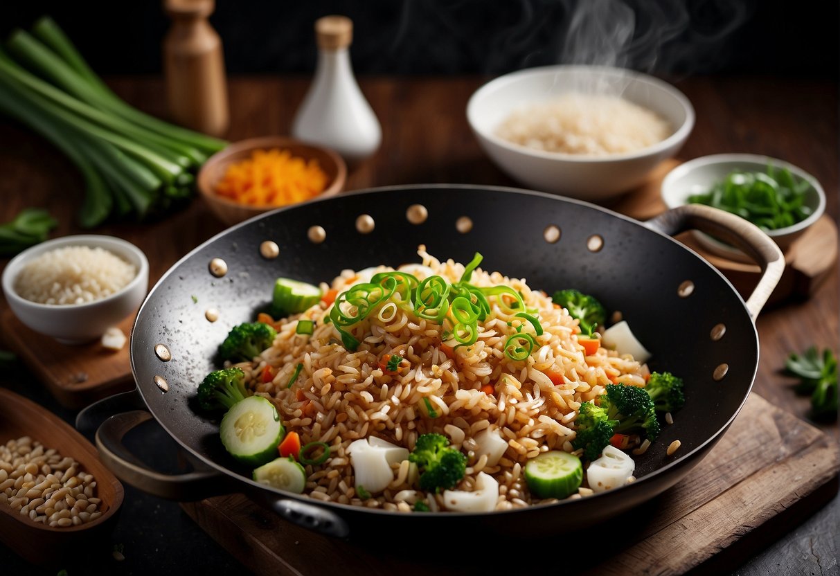 A wok sizzles with minced garlic, ginger, and scallions in hot oil. Soy sauce and rice vinegar are added, creating a fragrant and savory sauce