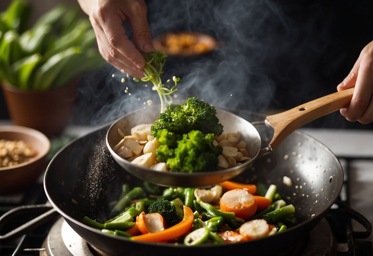 Sizzling garlic and ginger in a hot wok, steam rising, as a chef tosses in fresh green vegetables and soy sauce