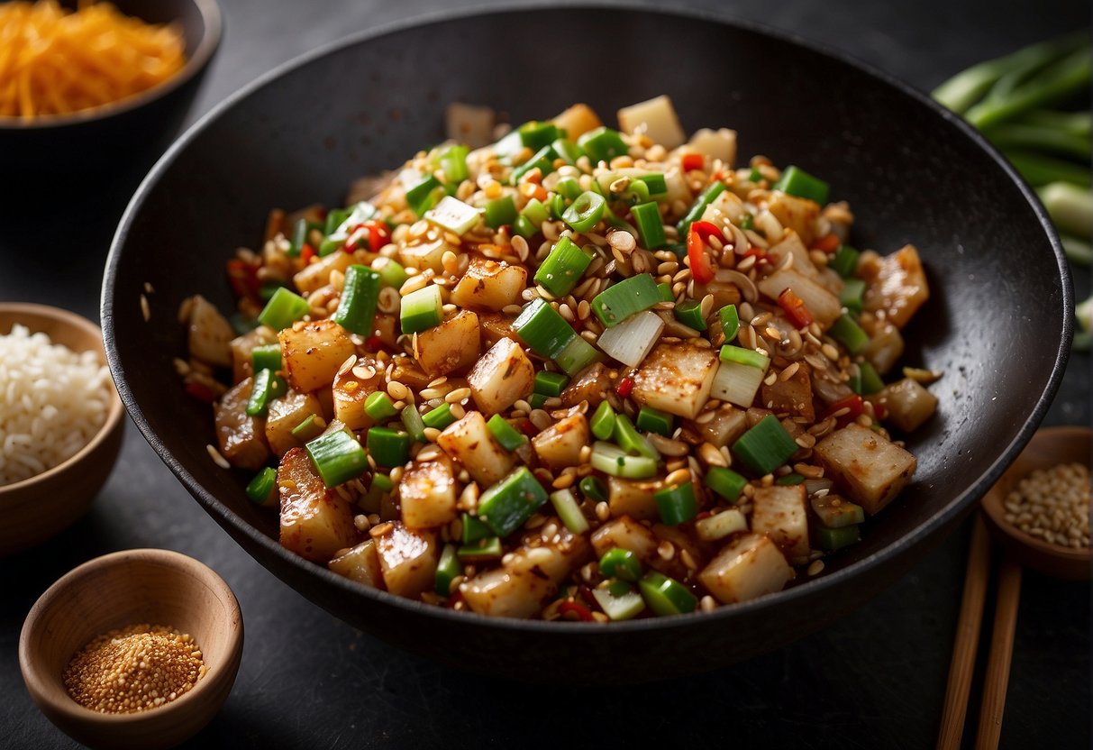 A wok sizzles with garlic, ginger, and soy sauce. Bowls of chopped scallions, chili flakes, and sesame seeds sit nearby for customization