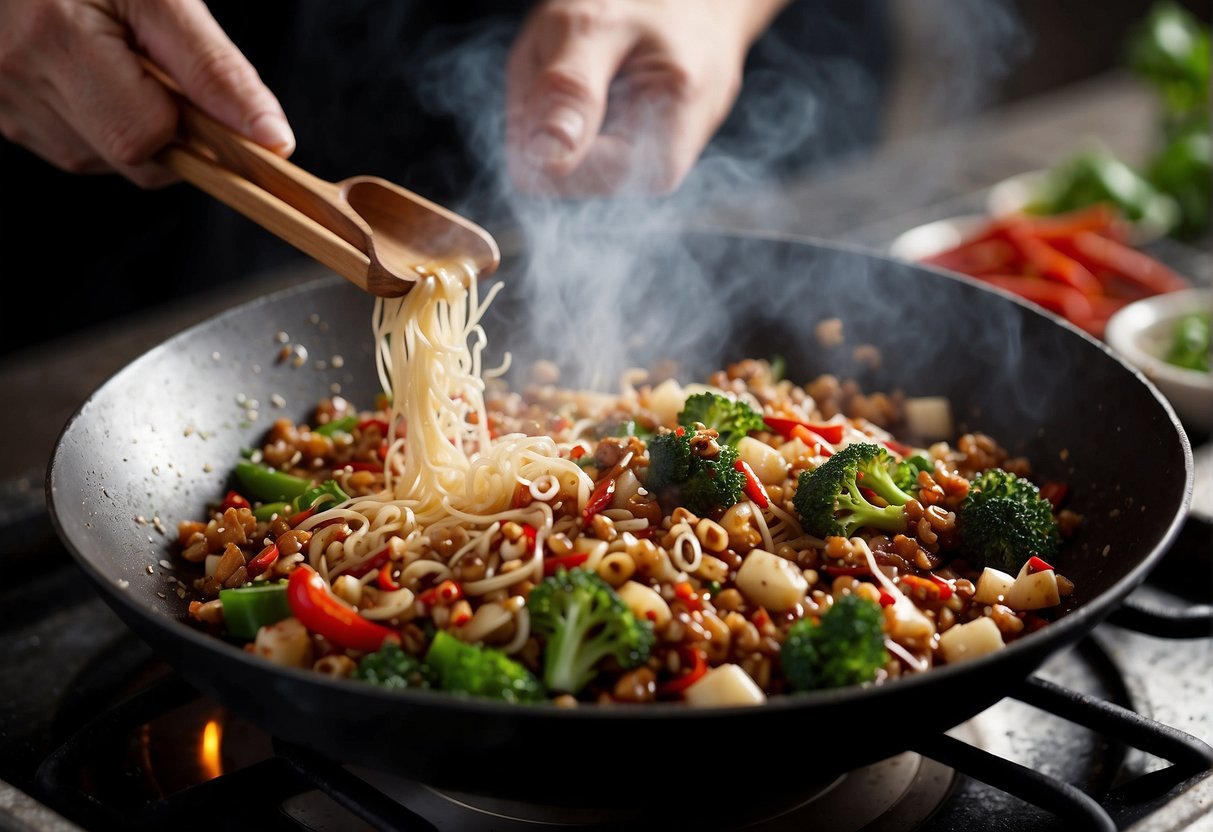 A wok sizzles with minced garlic, ginger, and chili, releasing a fragrant aroma. Steam rises as a chef adds soy sauce and sugar, creating a glossy sauce
