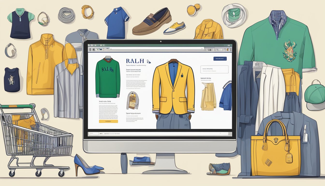 A computer screen displaying a website with the Ralph Lauren logo, various clothing items, and a shopping cart icon
