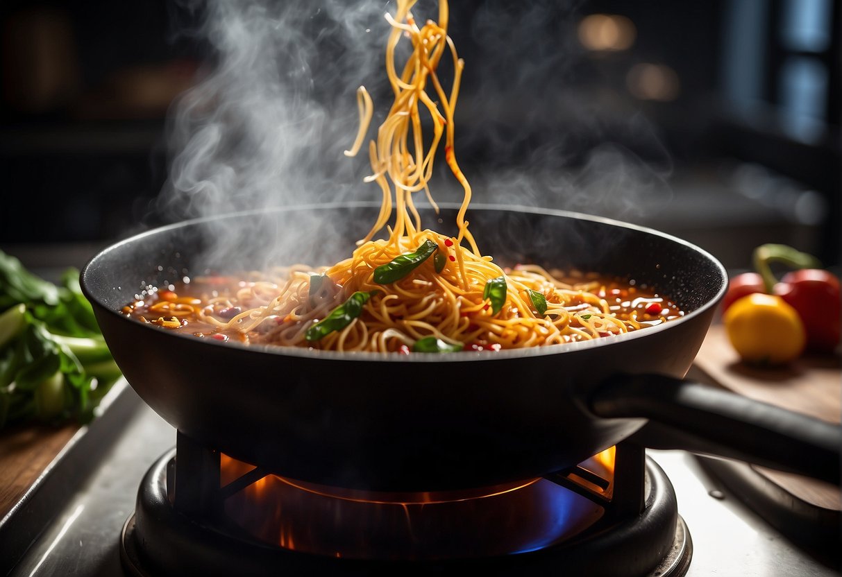 A wok sizzles as garlic, ginger, and chili paste are stirred in. Soy sauce and sugar are added, creating a rich, aromatic sauce