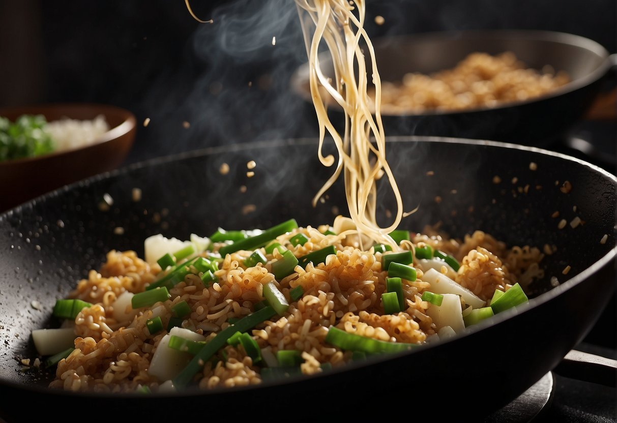 A wok sizzles with minced garlic, ginger, and green onions. Steam rises as a chef tosses in soy sauce and sugar, creating a savory aroma