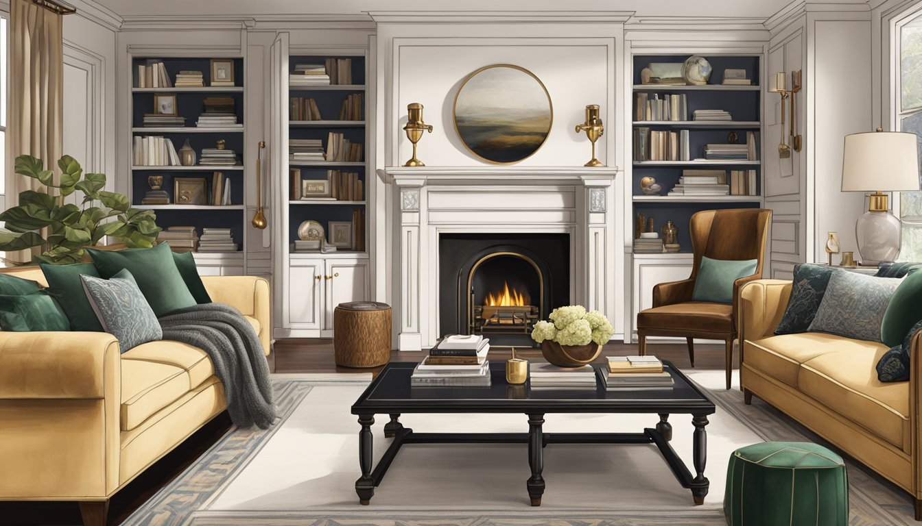 A stylish living room with a cozy fireplace, a plush Ralph Lauren sofa, and a coffee table adorned with elegant Ralph Lauren home decor items