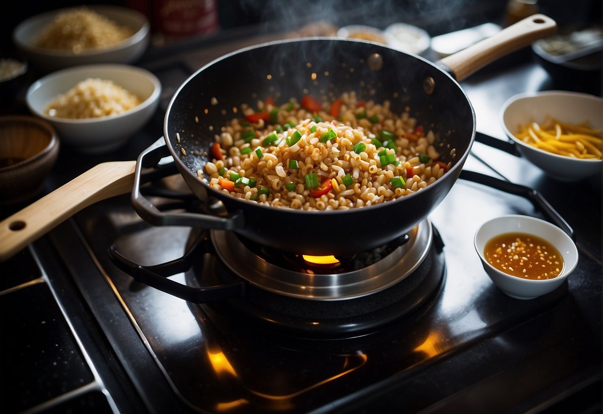A wok sizzles with minced garlic, ginger, and chili in hot oil. Soy sauce, vinegar, and sugar wait nearby for the final touch