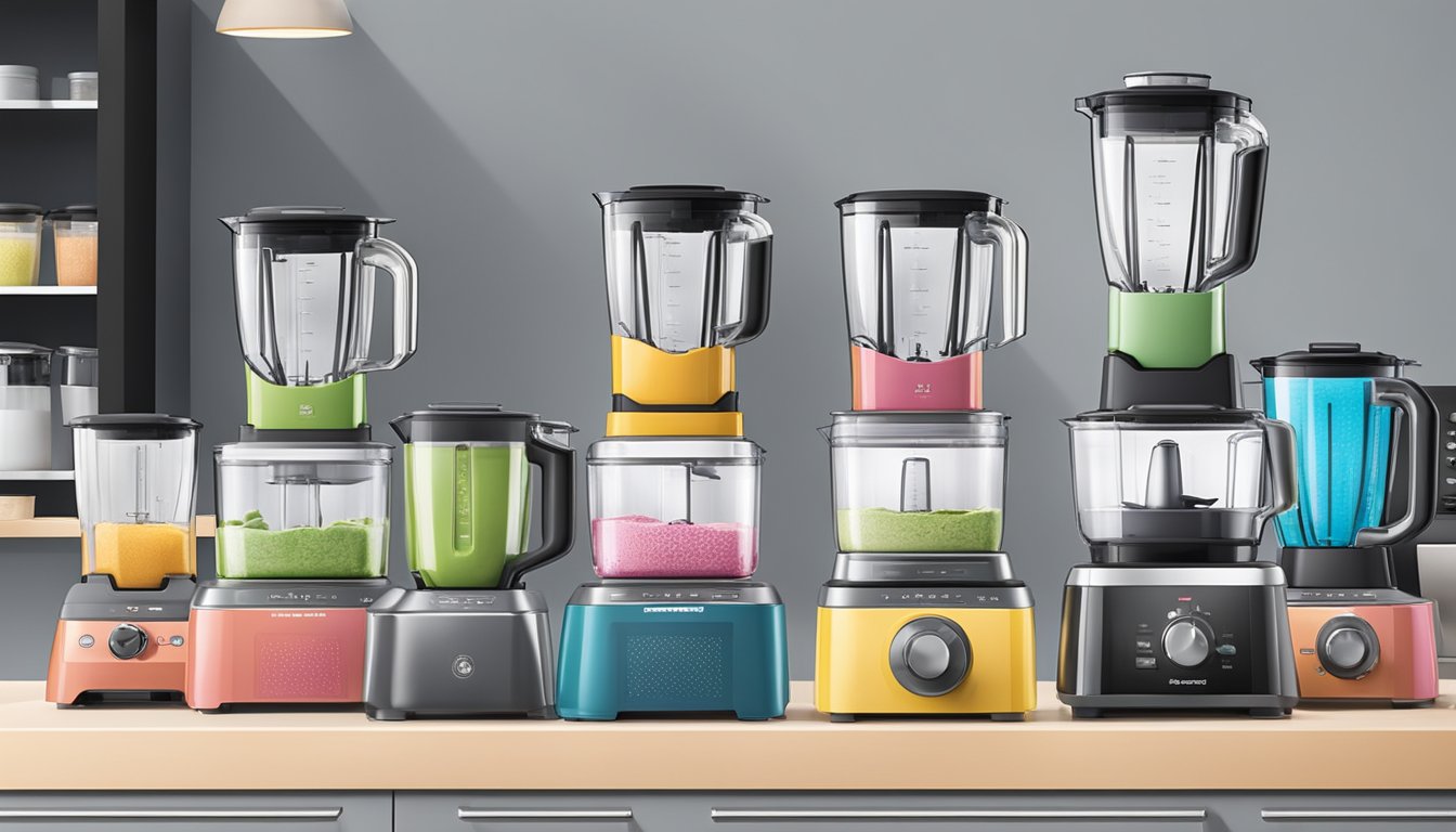 A kitchen counter with various blenders on display at a Singapore appliance store. Bright lighting highlights the sleek designs and modern features of the blenders