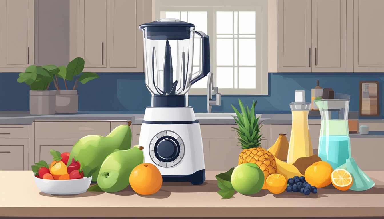 A kitchen countertop with a blender, fruits, and a bottle of detergent. A manual on blender maintenance and a list of stores to buy blenders in Singapore