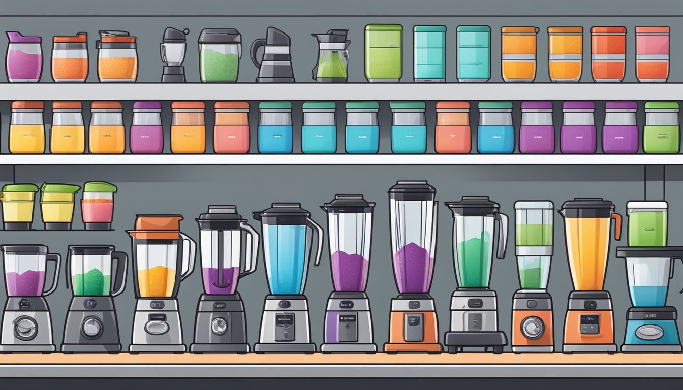 A display of blenders on shelves in a modern appliance store in Singapore, with clear signage indicating "Frequently Asked Questions" about purchasing blenders
