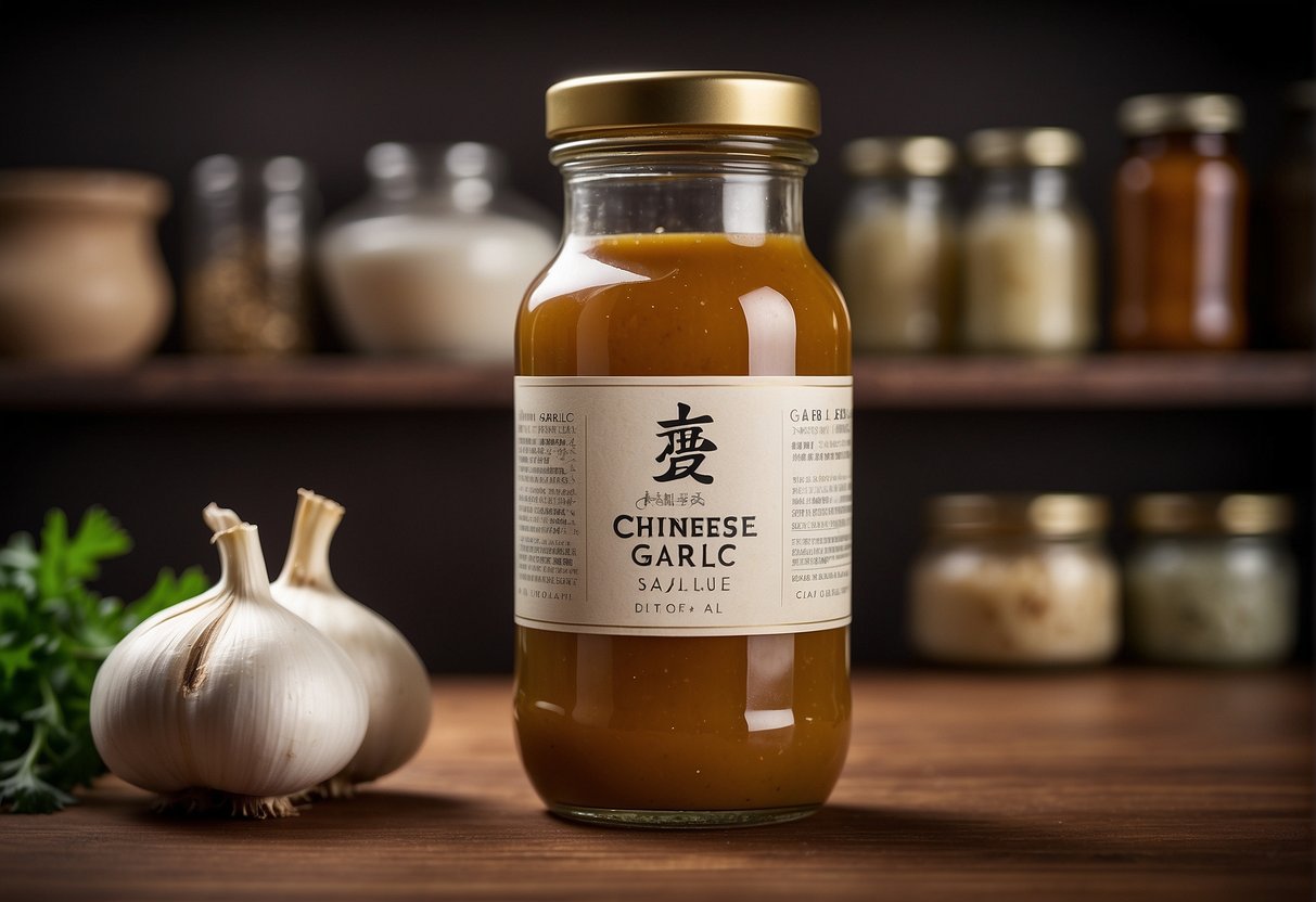 A glass jar of Chinese garlic sauce sits on a clean, organized shelf in a pantry. The label is neatly printed with the recipe title and the sauce is sealed tightly with a lid
