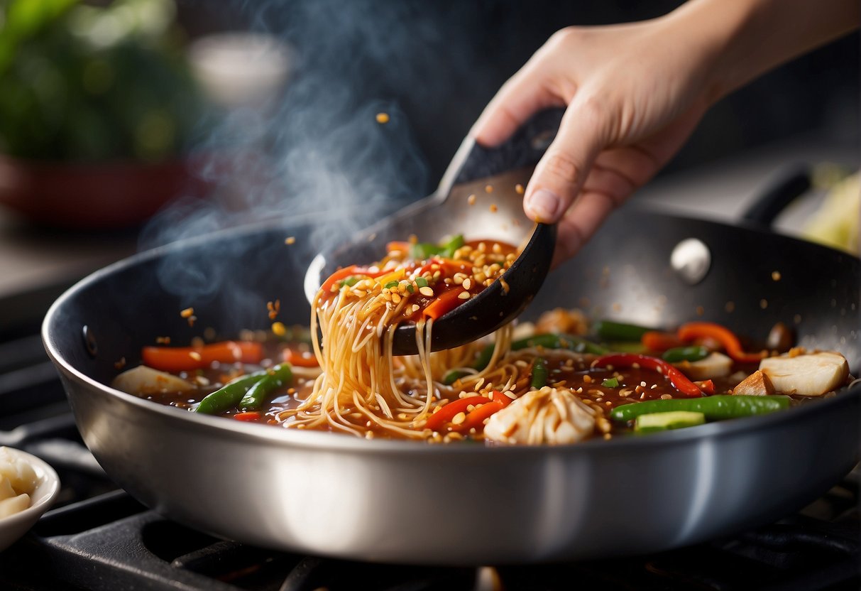 A steaming wok sizzles with garlic, ginger, and soy sauce, as a chef adds a dash of chili paste to the bubbling mixture