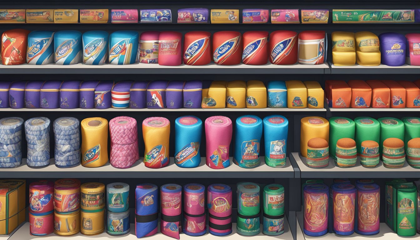 A sports store in Singapore sells boxing hand wraps on a display shelf